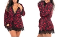Oh La La Cheri Women's Plus Size Rose Printed Viscose Jersey Robe with Eyelash Lace Finish and Matching Sash and G-String